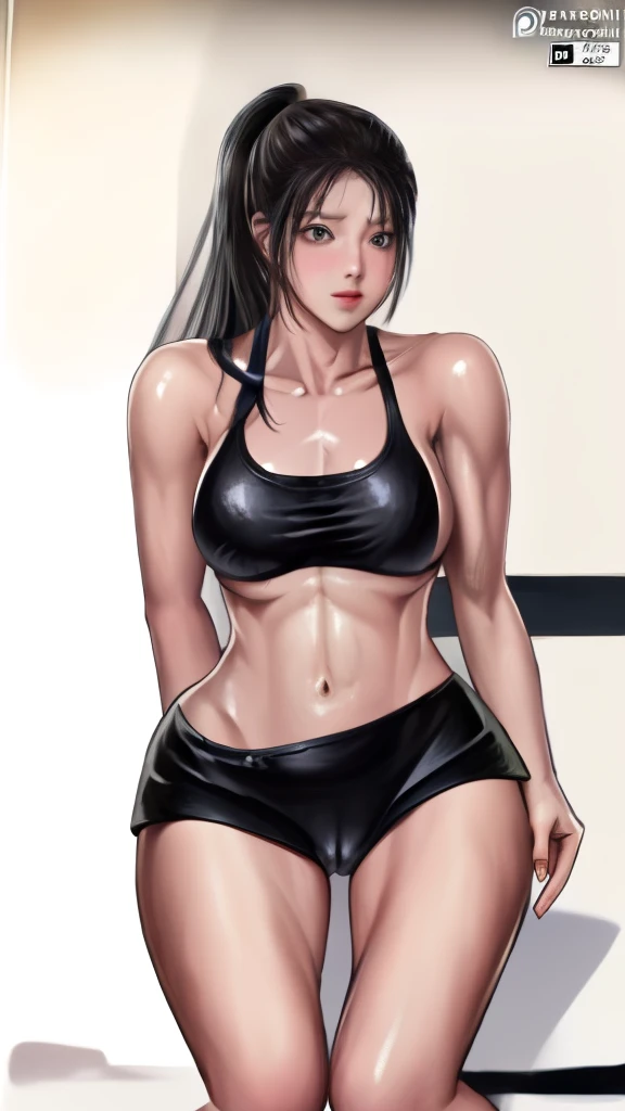 (((((real face))))), perfect face, 1girl, masterpiece, best quality, uhd, highres, extremely detailed 8K wallpaper, 4k, looking at viewer, long ponytail hair, black hair, very big breast, form breast round, navel, (((((body extreme muscle))))), detailed body, bikini,