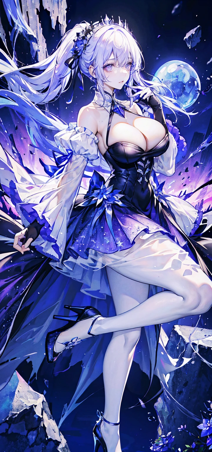 （（masterpiece：1.4，best quality）），（Super detailed），（Extremely detailed eyes），（Shiny socks：1.5），Hello Darkness
（Cute girls），，（Blood-red pupils，Diamond-shaped pupil：1.15），Purple Eyeshadow，（elongated hair，Thick hair，Single ponytail，shiny hair：1.5）（Changes through：1.2），despair，sad，Empty eyes，tears streaming down my face，tilting its head to the side，
（She wore a blue dress，：1.5），（Black gloves：1.4）Very long plush sleeves，White，White Cloud，Dream bubbles ，Ice and glitter effects
（Black long skirt：1.1），
（（Starry Sky：1.2）），
（Intense black and white：1.16），（Depth of Field：1.4），，Intricate details，(((Detailed background，Castle in the Sky，Purple flowers by the lake)))，(((Huge breasts，Bares，Deep cleavae stiletto hi，Transparent clothes)))