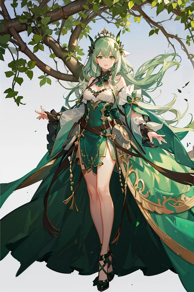 fantasy, 1forest_elemental_girl,(dark_skin:0.9), (using_leaves_clothes:1.1), green_leaves_covered_breasts, leaves_covered_pussy,covered_nipples,(gigantic_heavy_tits:1.1), walking, smile, sleepy, medium_hair, navel oil, (winding_vine_around_torso:1.1), forest_background, leaves_headgear, green_leaves_cape, spread_arms, large_staff, leaves_thighhighs, big_ass,solo,(pelvic_curtain:1.2), tabard,(plump:0.8),