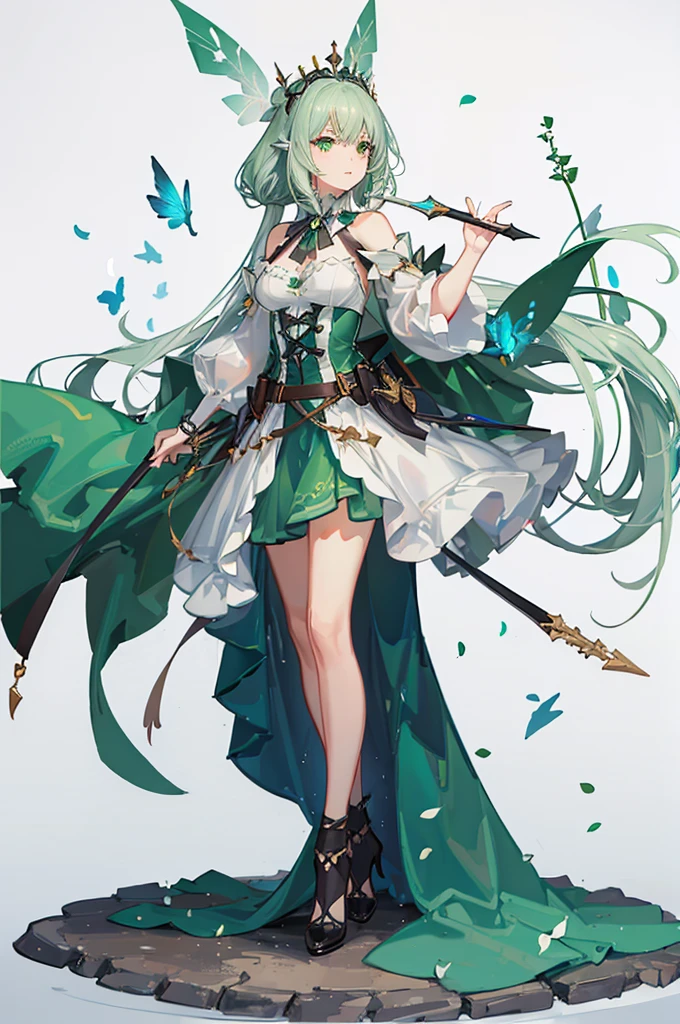 masterpiece,best quality, (white background:1.5) 1girl, far shot, full body, green circle, fairy, fantasy, magic, green leafs, dome,standing, clear face,