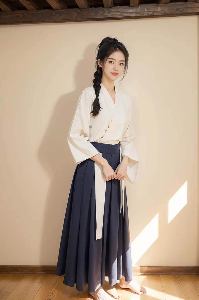 (((best quality))),(((ultra detailed))),(((masterpiece))),illustration,1girl,solo,short ponytail,slim,thin,small breasts,flat chest,white collar,white kendogi,three-quarter sleeves,maxi navy-blue kendo hakama,standing in kendodo gym,arms behind back,focused and determined expression,ready for challenge,slender and elegant face,confident and resilient,fair skin,blush,neat teeth,bright smile,clean and tidy uniform,wooden gym floor,wall,pine scent,standard grip,ready to slice through obstacles,strong belief,determination,spirit of resilience,admiring,from front,full body,bare feet