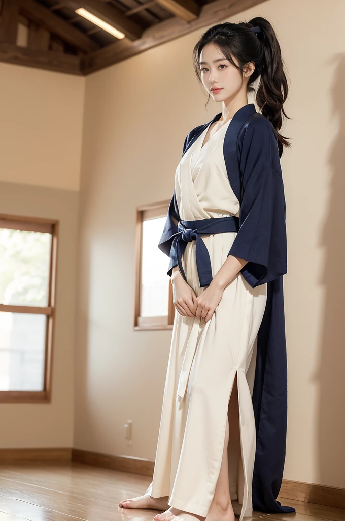 (((best quality))),(((ultra detailed))),(((masterpiece))),illustration,1girl,solo,short ponytail,slim,thin,small breasts,flat chest,white collar,white kendogi,three-quarter sleeves,maxi navy-blue kendo hakama,standing in kendodo gym,arms behind back,focused and determined expression,ready for challenge,slender and elegant face,confident and resilient,fair skin,blush,neat teeth,bright smile,clean and tidy uniform,wooden gym floor,wall,pine scent,standard grip,ready to slice through obstacles,strong belief,determination,spirit of resilience,admiring,from front,full body,bare feet