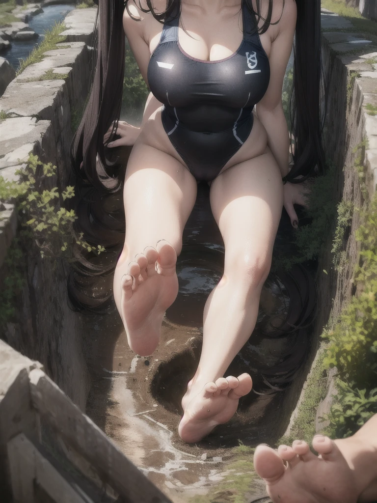 , drsizukachan1, explicit, Shizuka Minamoto, (1 girl, alone, black hair, black eyes, twin tails, competition swimsuit, barefoot, looking at viewer, in the center of the image, close-up, Focus on his face, feet, soles, toes, in a decrepit underground tunnel in hell, scared), nsfw, (giant),