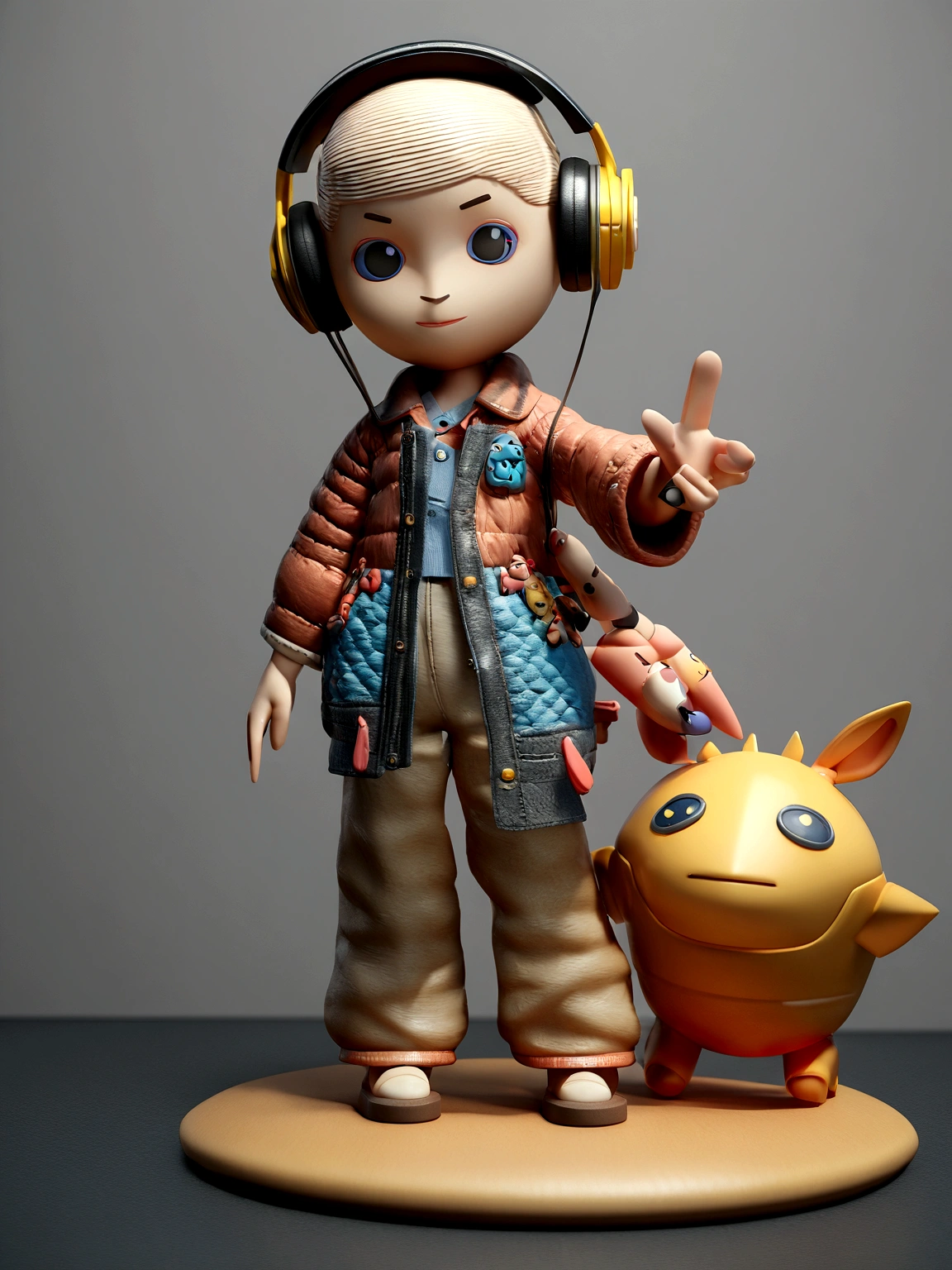 There is a man wearing headphones、Statue of a man wearing a jacket, Cute 3d rendering, Vinyl Designer Toys, 3D rendering style, 3d characters, 3d characters, 3D Rendering Character Art 8k, 3d characters render, 3d characterss, vinyl toy figurine, 3D rendering of beeple, high detail iconic character, Cute humanoid