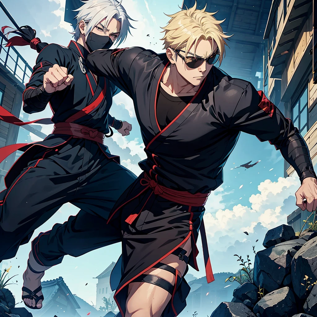 Anime male character with casual but Alavés ninja clothes, blonde hair, sunglasses and his fists have bandages that is flanked by an anime male character with white hair, samurai and Alavés ninja clothes and with a ninja mask