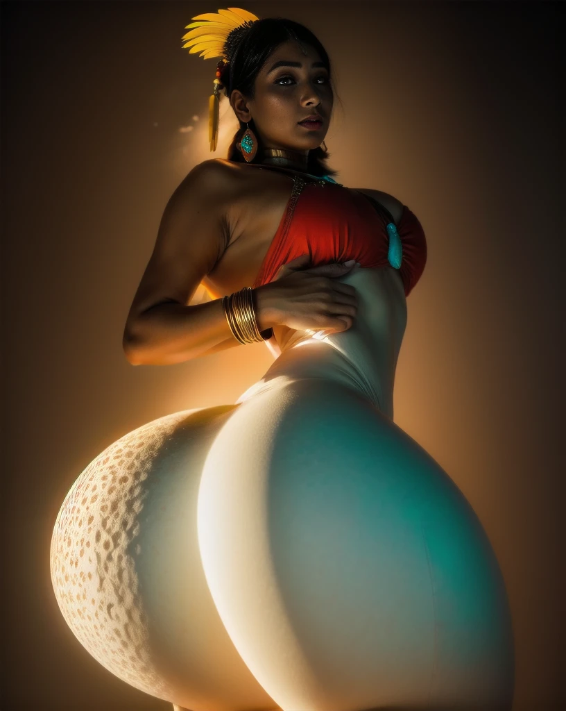 Beautiful Cherokee Indian woman with beautiful terracotta colored headdresses, blackw, doradas, cobre, Pearl, white and beige, feathers made of bright neon of various colors, flares on camera, bokeh, full moon night

