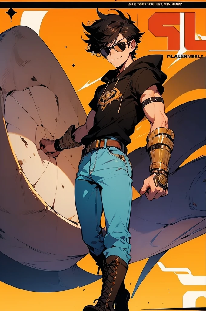 ((illustration)), (best quality)), ((masterpiece)), (detailed), ((white background)), teenage, boy, dark hair, brown eyes, muscular, shirt, black hoodie, jeans, combat boots, sunglass, smirking, solo, gauntlet, day, stylish,