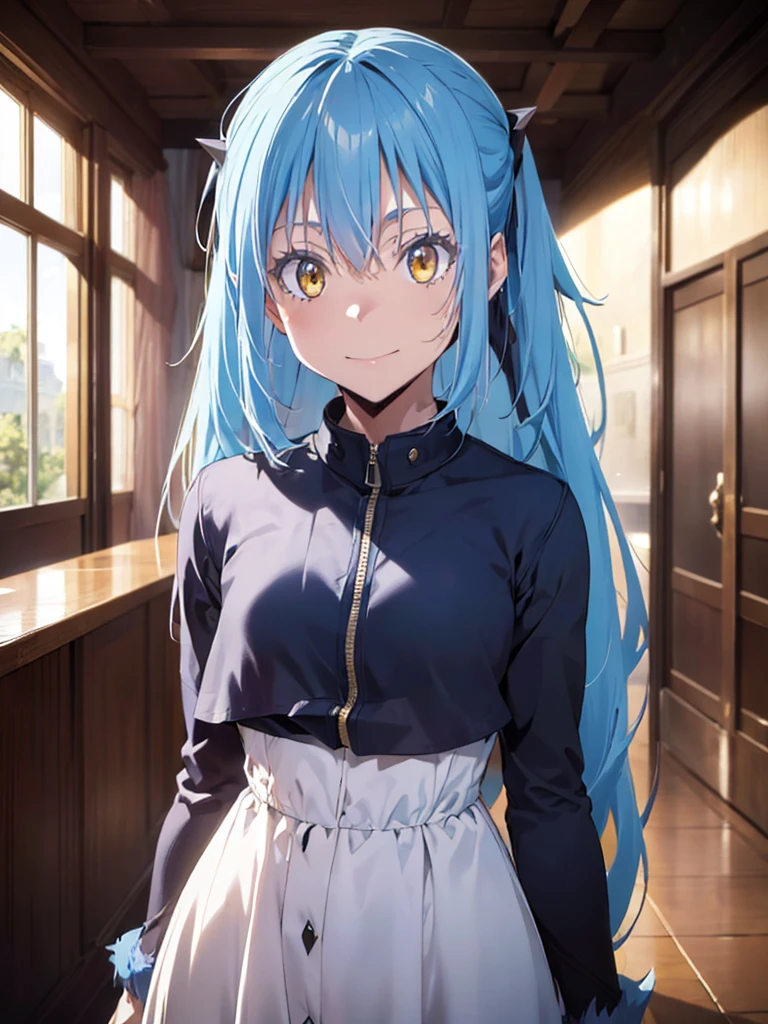 A highly detailed, hyper-realistic, masterpiece illustration of Rimuru Tempest in demon lord form, with a clear, well-defined face, long blue hair, golden eyes, and a mid-body composition, (best quality, 8k, highres, masterpiece:1.2), ultra-detailed, (realistic, photorealistic, photo-realistic:1.37), intricate details, sharp focus, vivid colors, cinematic lighting, fantasy art