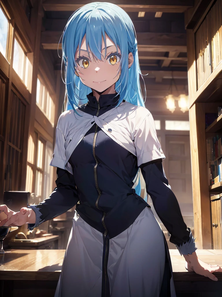 A highly detailed, hyper-realistic, masterpiece illustration of Rimuru Tempest in demon lord form, with a clear, well-defined face, long blue hair, golden eyes, and a mid-body composition, (best quality, 8k, highres, masterpiece:1.2), ultra-detailed, (realistic, photorealistic, photo-realistic:1.37), intricate details, sharp focus, vivid colors, cinematic lighting, fantasy art