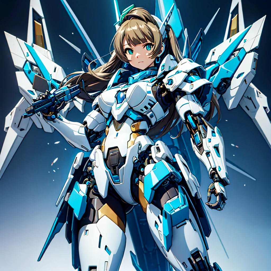 masterpiece, high quality, Cyborgization、Gynoid Cyborg Body、The face is of Minami Kotori.、mechanical parts、Blue and white leotard armor、solo focus、Single image、from front, full body、Mechabare、damage、Precision machinery is exposed all over the body、The armor in the crotch area opens up to reveal the refueling parts.