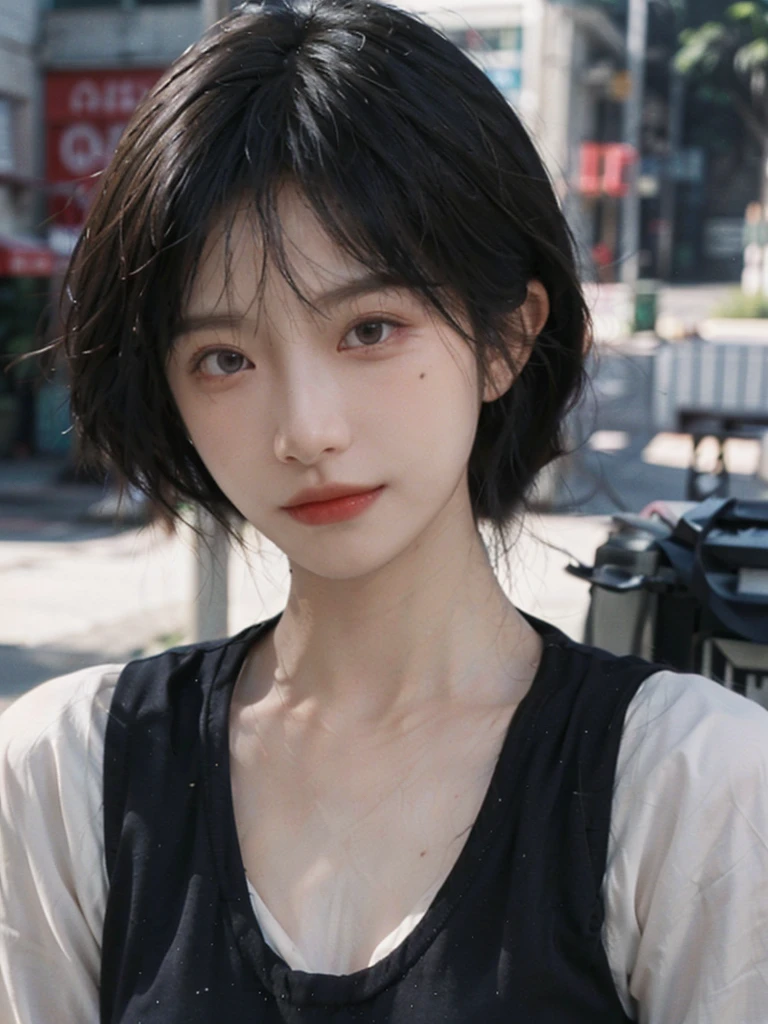 (Skin details:1.4), (smooth skin textures:1.3), Lipstick, background,海滩background, Direct vision, earrings, serene, calm, (Realistic and detailed eyes:1.2), Natural skin texture, Realistic facial details, Soft dramatic lighting, Vivid details, 35 mm film, outdoor, (Photo Practical:1.4), (hyper Practical:1.4), (Practical:1.3), (Smoother lighting:1.05), (Improve lighting quality:0.9), (Highest quality real skin textures:1.4), Exquisite eyes, Delicate face, Close-up of face, (Enhance the beauty of skin texture:1.1), Hair details, Vest,normal body ratio, short hair, Moles under the eyes, thinking, A faint smile,公园background,Portrait Photography, Depth of Field, Bokeh, Surrealism, Ray Tracing, (Portrait Photography:1.1), Surrealism, High Detail, Chiaroscuro, Ray Tracing, reflected light, Ultra HD, Ultra HD, masterpiece, Textured Skin, Super Detail, High Detail, high quality, best quality