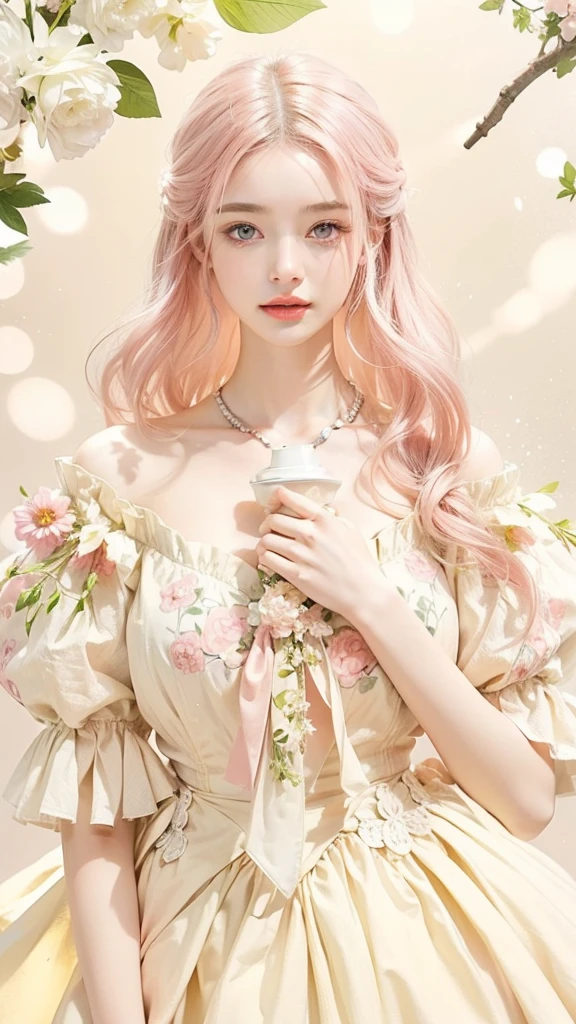 Light pink hair, pink eyes, pink and white, sakura leafs, vivid colors, white dress, paint splash, simple background, ray tracing, wavy hair