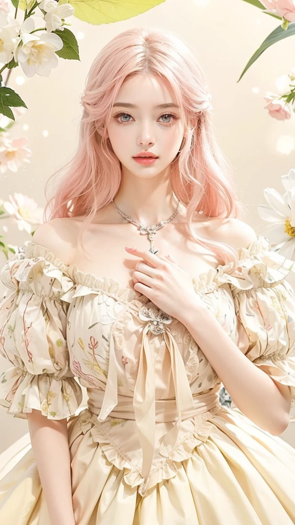 Light pink hair, pink eyes, pink and white, sakura leafs, vivid colors, white dress, paint splash, simple background, ray tracing, wavy hair