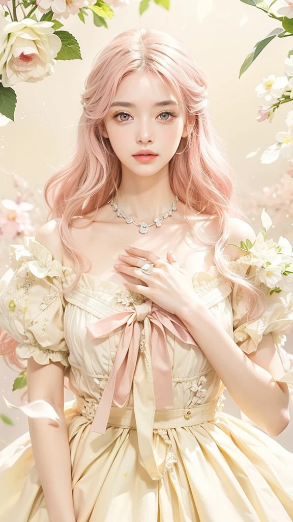 Light pink hair, pink eyes, pink and white, sakura leafs, vivid colors, white dress, paint splash, simple background, ray tracing, wavy hair