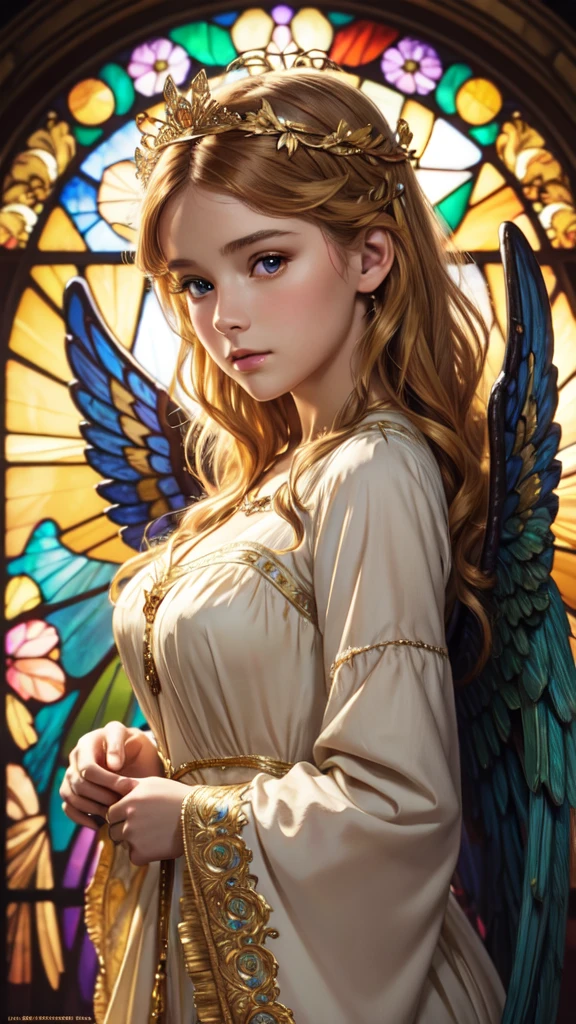 realistic,photorealistic,photo-realistic:1.37,best quality,4k,8k,highres,masterpiece:1.2,ultra-detailed,vibrant colors,stained glass,beautiful vintage angel woman,frontal face,front face,front view,gold hair,determined expression,(large open angel wings:1.1),Alphonse Mucha style,intricate floral background,warm tones,soft lighting,1girl