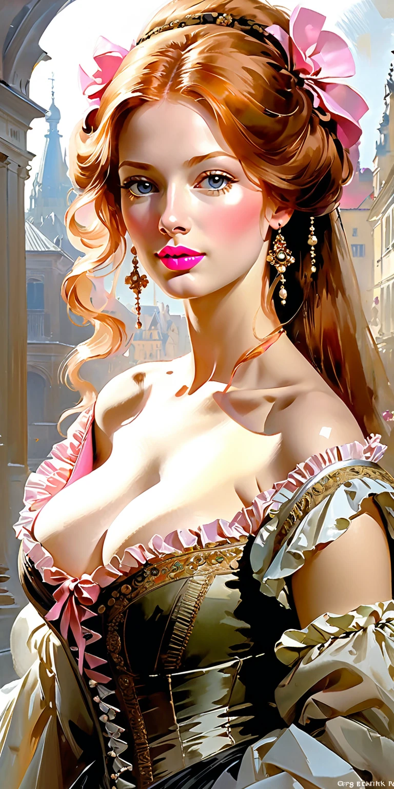 Victorian Hungarian women Women of the 17th century, Ginger hair, Pink lips, Nice feature, Wadim Kashin, james gurney, ink, Splash Art, Amazing beauty , Royo, after sexing, Super detailed splash art modern European ink oil painting, Mid gorgeous breasts, Gorgeous body, Light Caramel eyes, Blush, greg rutkowski.