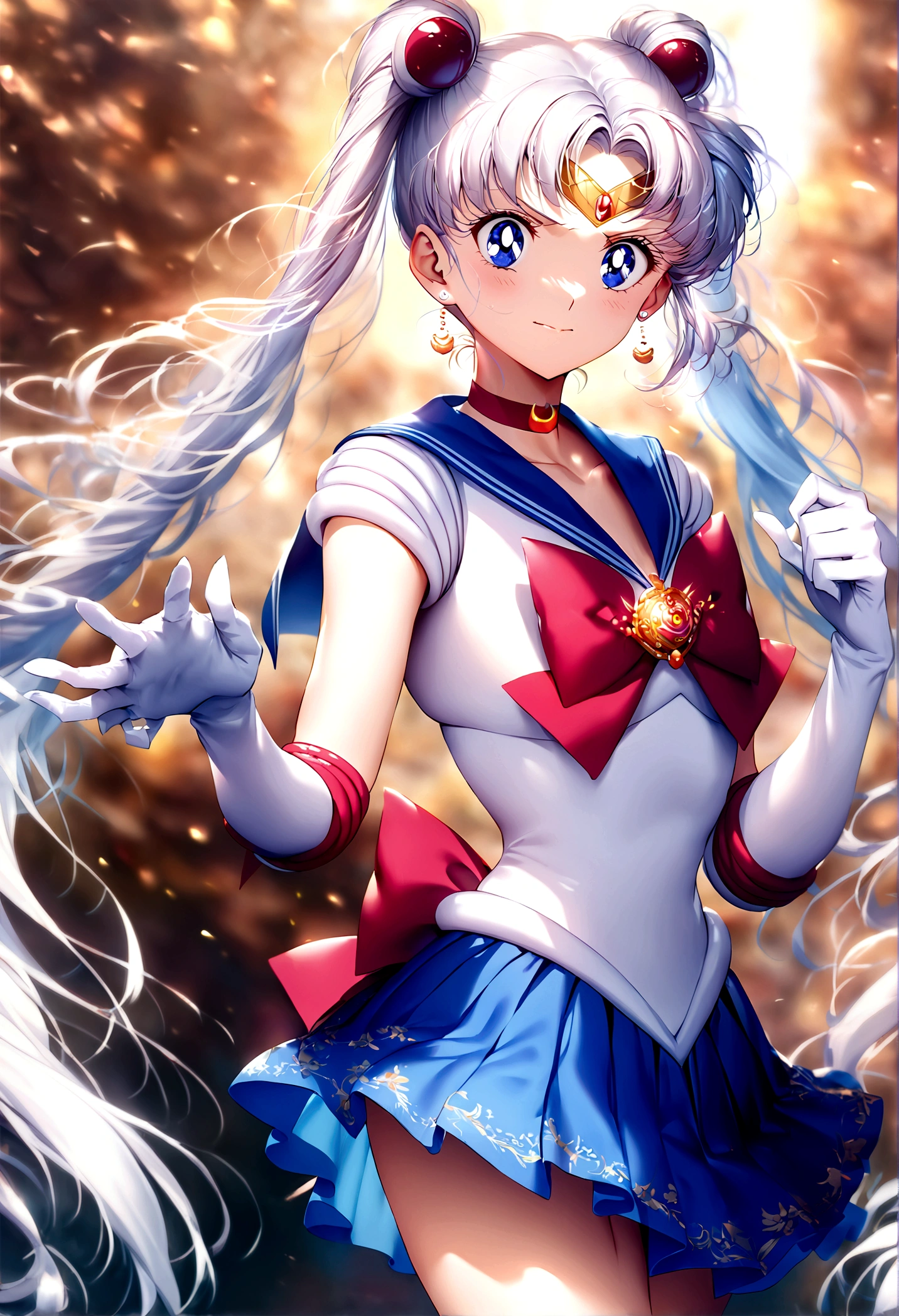 (masterpiece, Highest quality, so beautiful, Super detailed), Intricate details, 4K, Honestly, Long Hair, Double Bang, Twin tails, Parted bangs, tiara, Earrings, blue eyes, Red choker, Blue sailor collar, Red Bow, White shirt, Elbow hand pockets, White gloves, Blue Skirt, Are standing, Cowboy Shot, ,fight pose,evil smile, 1girl,(Silver Hair:1.4),