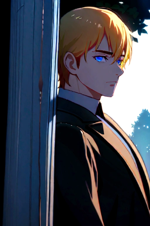 (tmasterpiece, high resolucion, ultra - detailed:1.0), (1Boy, Adult Male), The perfect male body,eyes look at the camera, (Prince:1.3), finely eye and detailed face, super detailed CG, Unity 8k wallpaper, intricated details, Solo person, Detailed face, (black suit, with short golden hair, Blue Eyes, sad look), plein air, sonoko, Flowers and trees, marble column, color difference, Depth of field, dramatic shadows, Ray tracing, Best Quality, portrait of a