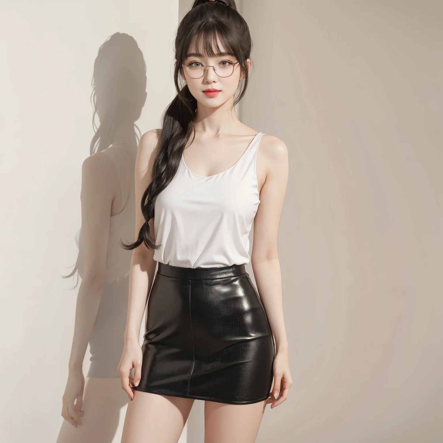 (Best quality, masterpiece, detailed), (RAW, 4k, hd images), shy, 1 girl, 17 years old, white skin, long hair, ponytail, layers hair, bangs, black hair, beautiful girl, cute girl, sweet girl, pretty girl, perfect girl, pretty eyes, blue eyes, thin lips, thin, (eye line, lip stick soft), perfect, glasses(detailed frame), room, smile, thigh, legs, white tank top, short skirt, standing, facing on the camera, white wall background, full body, long legs, photo on the middle