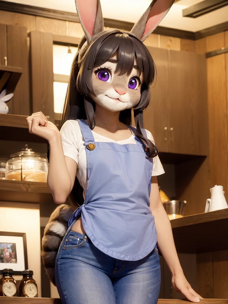 Highest quality, masterpiece, Ultra-realistic, Super detailed, Beautiful details, 4K, 8K, upper, Photo realistic, Realistic lighting.
cowboy Shot,
Looking at Viewer, Looking at Camera,
((at cafe)),
((Anthropomorphic rabbit)),
((woman body)),
((7 heads tall)),
((Rabbit woman)),
Detailed animals,
Complex patterns,
(Furry:1.35),
(All skin is grey:1.3),
(The body is fluffy and bushy:1.3),
Realistic fur,
Human hands,
BREAK
(((Judy Hopps face))),
((Aoki Reika facial expression)),
((ponytail)),
((see-through bangs)), bangs,
((dark brown hair color)),
Purple eyes,
{Eye highlights, Clear eyes, Eyes sparkling, round pupils},
Detailed Iris,
(Eyebrows raised:1.2),
(Crescent eyebrows:1.3),
(Rabbit ears:1.3),
raised corners of mouth.
BREAK
The lady is wearing T-shirt and brown apron and denim pants.
The apron is over her knees.
((White T-shirt)) BREAK ((brown apron)) BREAK ((blue denim pants)),
BREAK
(solo:1.5), (1girl:1.5).
Perfect Anatomy.
Lighting front, Lighting forward, Intricate details, Ray Tracing, Realistic,