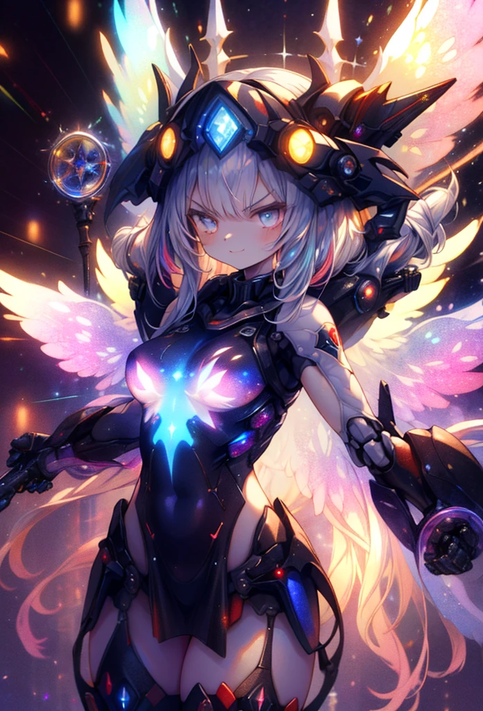 (masterpiece:1.2), best quality, high resolution, extremely detailed CG, absurdres, highres, 1girl, mecha girl, colorful light particles arounded, glitter, glowing wings, (((vivid color))), angry, smile, Colorful portraits, mirrornun