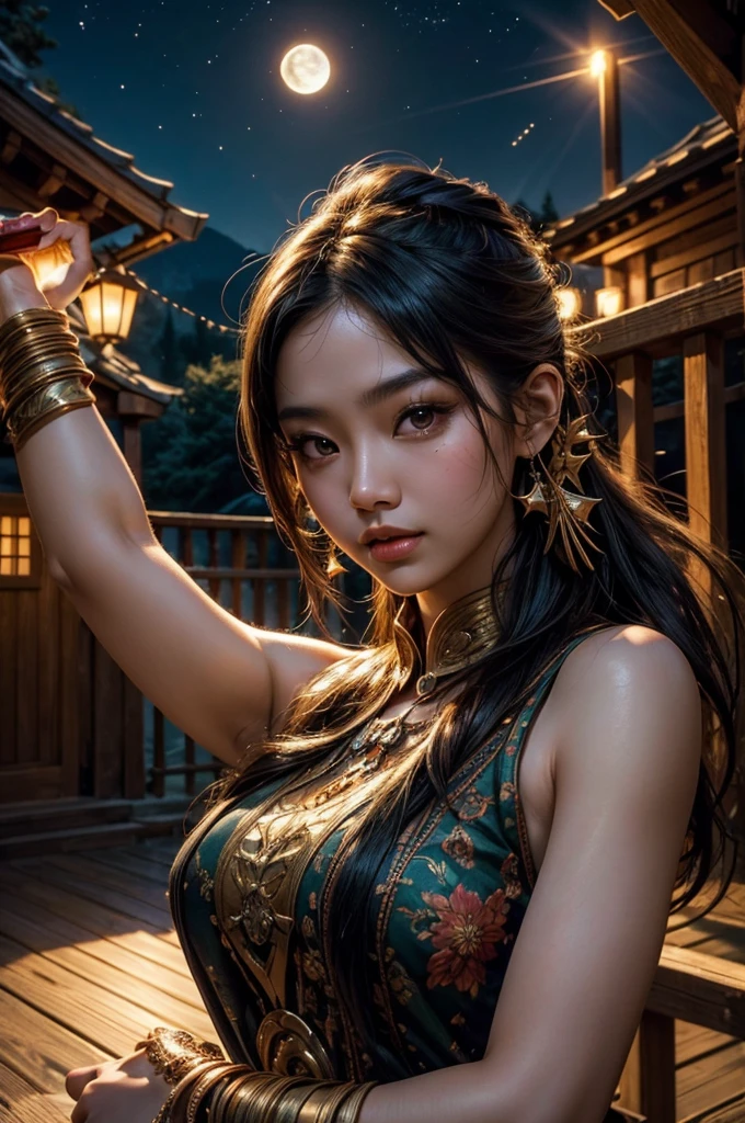 A beautiful young Asian woman and a hummingbird kiss her cheek. ((upper body selfie, be happy)), Masterpiece, best quality, very detailed, floor, outdoor, (nighttime), mountain, nature, (star, moon) cheerful, be happy, forest, rock, river, wood, smoke, shadow, contrast, clear sky, style, (Warm colors, Warm colors): 1.2), close up, Cinema-grade lighting, Side lighting, Ultra high resolution, shadowที่ดีที่สุด, raw, upper body, realistic style