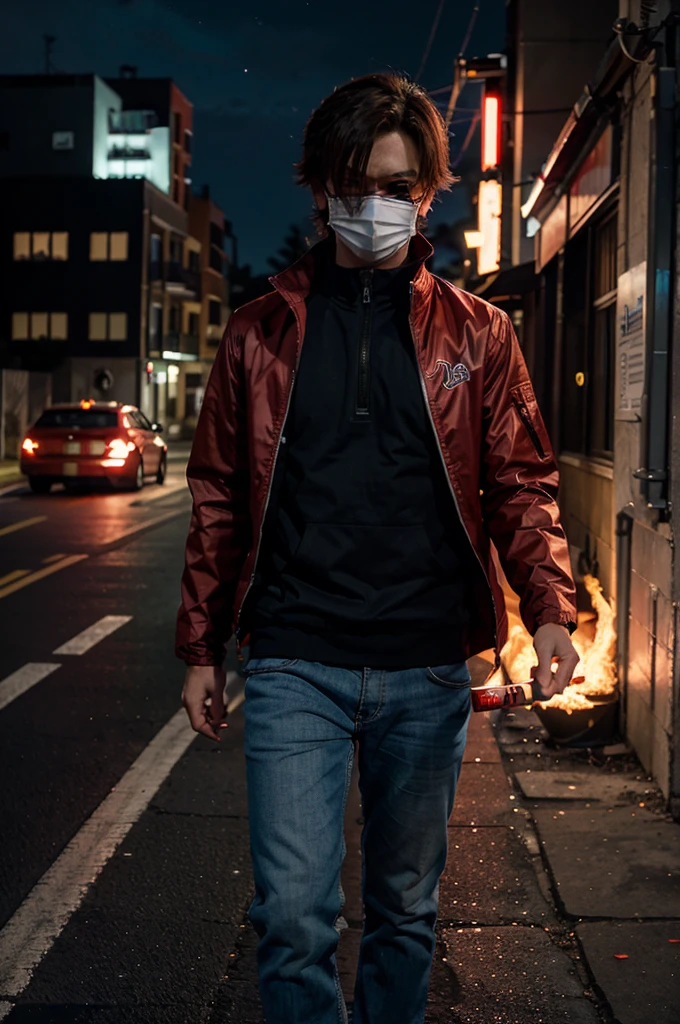 Anime boy wearing an open jacket holding a fiery katana,there is writing on the clothes " OWNER ALESTER" lights up red, wear a cool mask, Susana in the middle of the road on the left and right of the building is full of aura