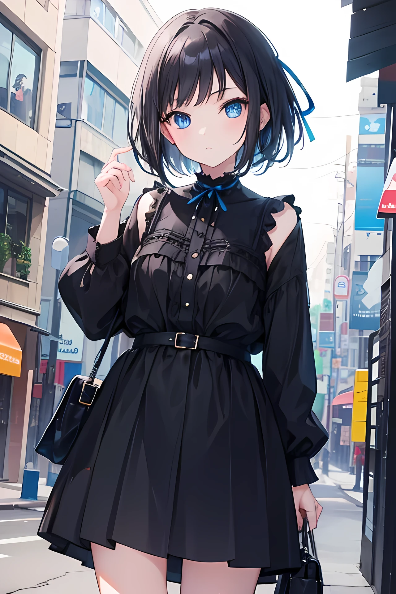 (8K、Top image quality、top-quality、​masterpiece)、A detailed face、1 girl in、Black hair long twin tails、blue eyess、piercings、Show your fangs and laugh、Smaller chest、((White turtleneck sweater))、long-sleeve、((black micro mini pleated skirt))、((black pantyhose))、((skirt lift))、((white panties))、cowboy  shot、Taken from below、City background