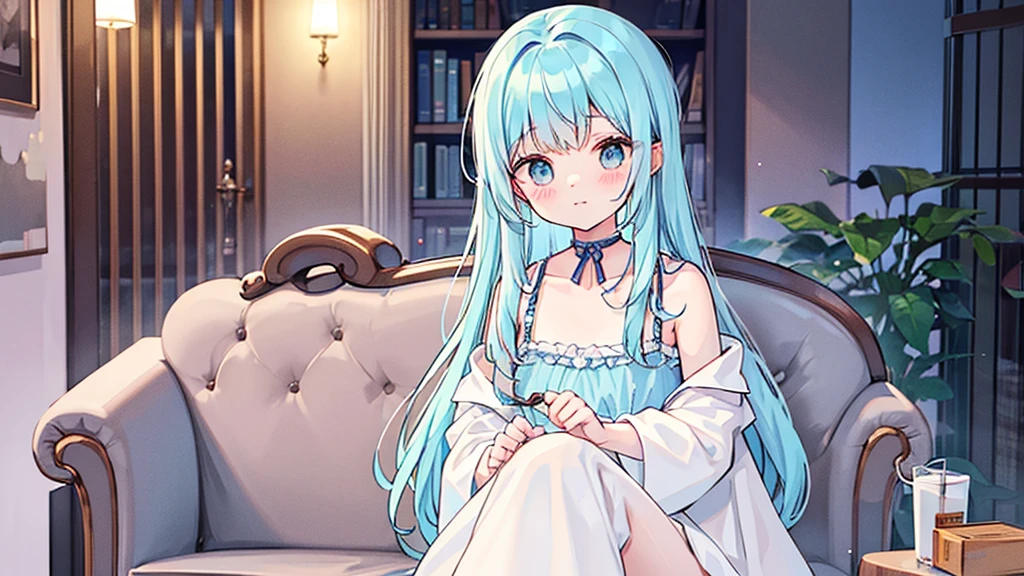 Light blue hair、Light blue eyes、Long Hair、Cute、Young、Only one person、Wearing a white dress、Sitting on the sofa、Looking at me、Face is close