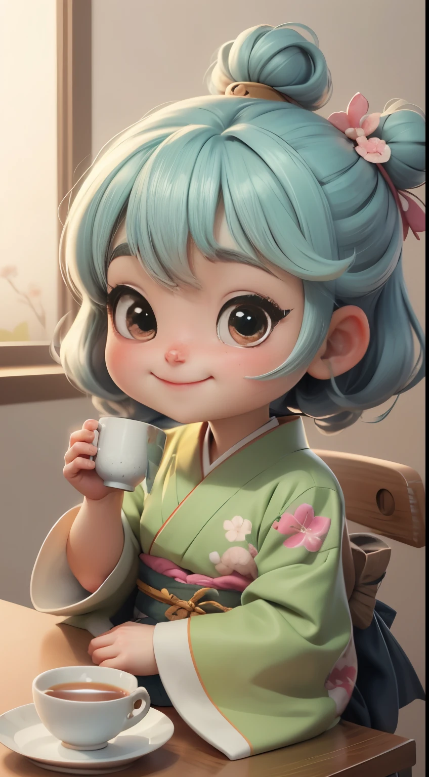 Create a chibi version of the Alice character in an 8K resolution. A girl with her hair in a bun wearing a maple leaf patterned kimono and a crane hair accessory enjoying matcha tea in a traditional Japanese tea room, It's sunny, Detailed eyes, clear outlines, kawaii pose, A smile, Raise your right hand, Eye Up, Laugh, radiant light, Taken from the side. She should look adorable and cute. Give him a smiling expression and a sweet smile on his face, capturing the essence of the character in a delicate and charming way.