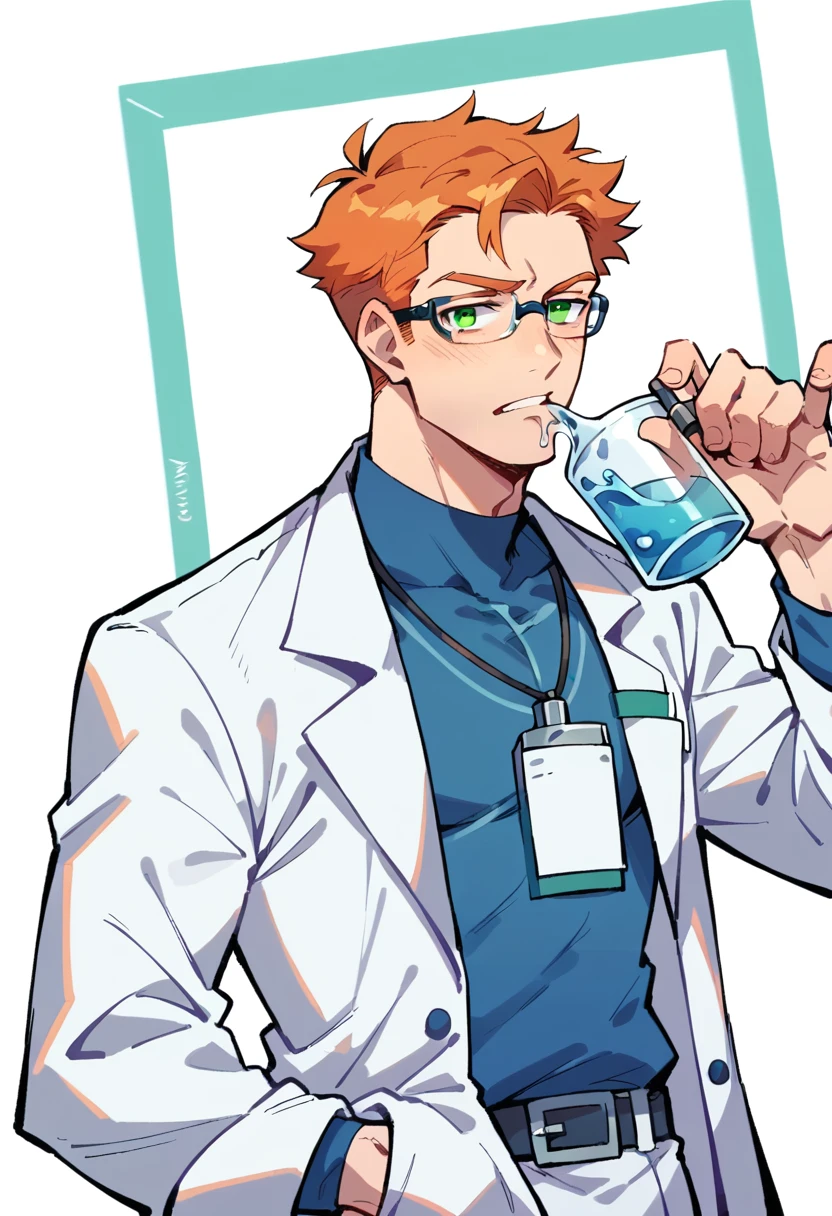 Handsome ginger haired man with green eyes wearing glasses and a lab coat, nervously pouring liquid in a beaker, science lab background 