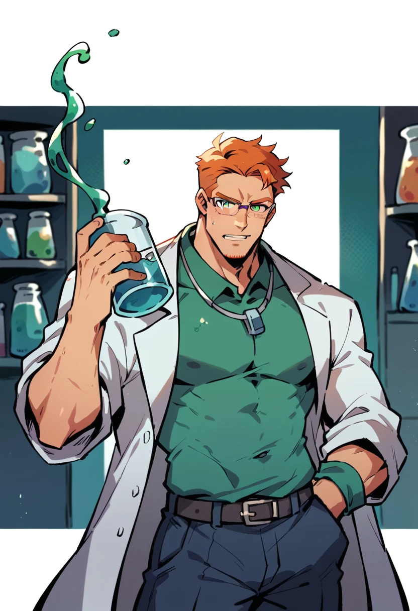 Handsome ginger haired man with green eyes wearing glasses and a lab coat, nervously pouring liquid in a beaker, science lab background 