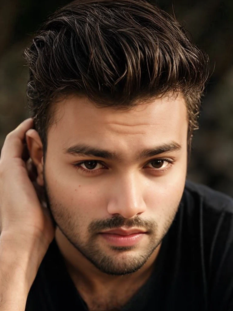 A beautiful young bearded man with highly detailed skin.black hair.happy emotion