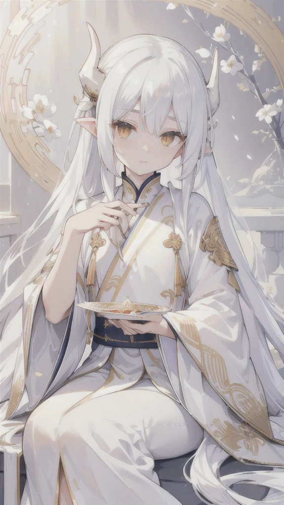 (best quality, highres, ultra-detailed:1.2), beautiful long white hair, stunning golden eyes, silver Hanfu armor, intricately designed white folding fan, white dragon horns, ethereal lighting, soft color palette