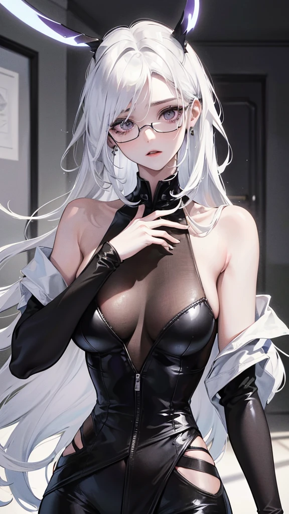 Photograph of the upper body of a beautiful woman, , [see through] ,(black pants:1.47),(Wear a medical gown:1.47) (big breasts), (small waist, perfect body), Sharp focus, (tall body, mature woman), ((Looking ahead)), (Highly detailed skin, hair follicles:1.4,white skin) (Long white hair tied half-way down.,purple eyes) wear glasses, (Looks embarrassed.) ,doctor