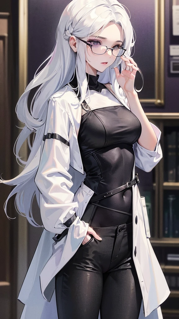 Photograph of the upper body of a beautiful woman, , [see through] ,(black pants:1.47),(Wear a medical gown:1.47) (big breasts), (small waist, perfect body), Sharp focus, (tall body, mature woman), ((Looking ahead)), (Highly detailed skin, hair follicles:1.4,white skin) (Long white hair tied half-way down.,purple eyes) wear glasses, (Looks embarrassed.) ,doctor