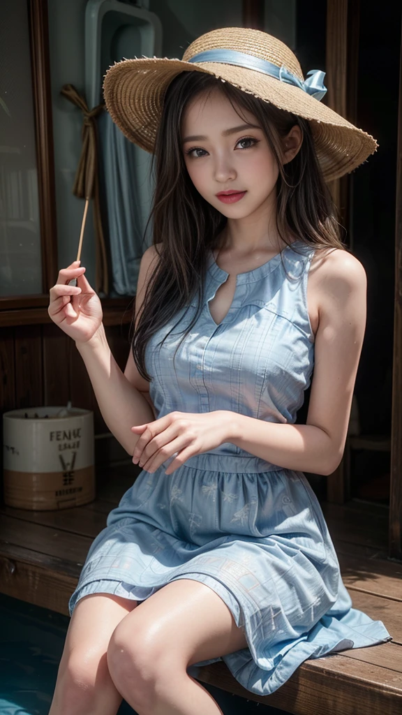 (Beautiful girl wearing a big straw hat and a blue light dress), artwork in the style of Gwaiz, Beautiful girl full body, Gwaiz, Beautiful style, (Turquoise haired girl), Short Hair, Face:1.5, ((A little naughty style)), (Highest quality, 8K, masterpiece:1.2, RAW Photos), ((In the art style of Bouwater)), (Detailed eyes and face:1.2, Professional photography techniques, Cinema Lighting), Gaze at the viewer, blush, (Cute pose:1.3), (A look that captivates everyone:1.3), (Perfect hands, Detailed hands, Beautiful little hands of a girl)