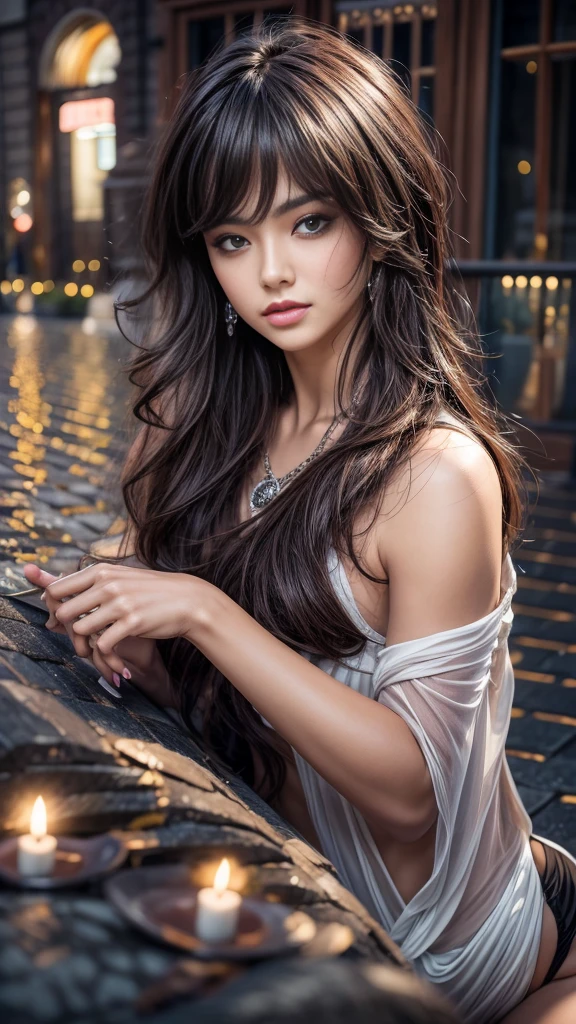 (32k:1.5, Highest quality, masterpiece, Ultra-high resolution), Professional camera work:1.6, Very detailedな肌と顔の質感:1.3, Captivating portrait:1.3, Very accurate, Very detailed, 1 adult female, ((Amazing night view from the rooftop, The moonlight at night illuminates my body)), (Satin Nightgown:0.5), Incredibly slim body, Fair skin, elegant, Expressions of sadness, (Big eyes that exude beautiful eroticism:0.8, Sad expression:1.0, I love you with all my heart:0.8, Please open your mouth a little, lipstick, Feel the beautiful eroticism:0.8), (Wet dark brown medium length hair), Sensual sitting position, Candles, The chest is medium, Earrings, necklace, bracelet, (romantic, dramatic, mysterious), Tilt, ((Adult charm, Feminine charm, Hair blowing in the wind))