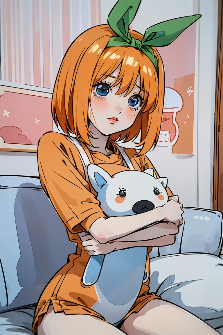 little sad yotsuba, bear ears, cute puffy eyes, cute puffy cheek. yotsuba nakano, yotsuba sitting down, surrounded by pillows, yotsuba hugging a plush. bear plushie, hugging a plushie bear, (1 girl, solo, alone), , sfw, nakano_yotsuba, blue eyes, indigo eyes, aayotsuba, short orange hair, yotsuba from The Quintessential Quintuplets, masterpiece, 4k, ultradetailed, cowboy shot, short orange hair, green ribbon, hair ribbon, blue eyes, innocent, pure, tender, crying into a plushie