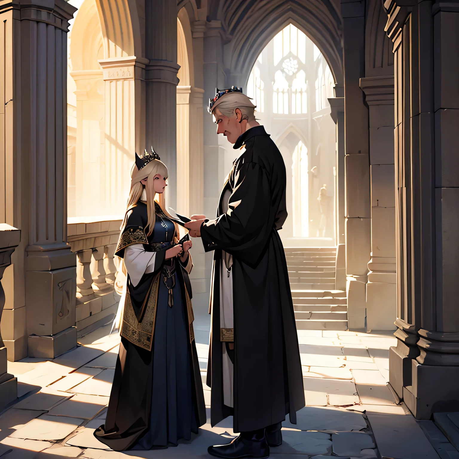 Draw a young, beautiful woman with platinum blonde hair and a long black dress, conversing with an older man wearing a king's crown and wearing medieval clothes in the setting of a castle made of stones, a dark and tonal setting. bluish