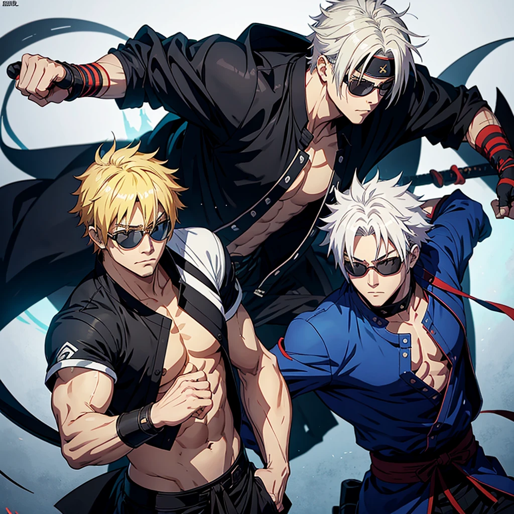 Anime male character with casual but Alavés ninja clothes, blonde hair, sunglasses and his fists have bandages that is flanked by an anime male character with white hair, samurai and Alavés ninja clothes and with a ninja mask