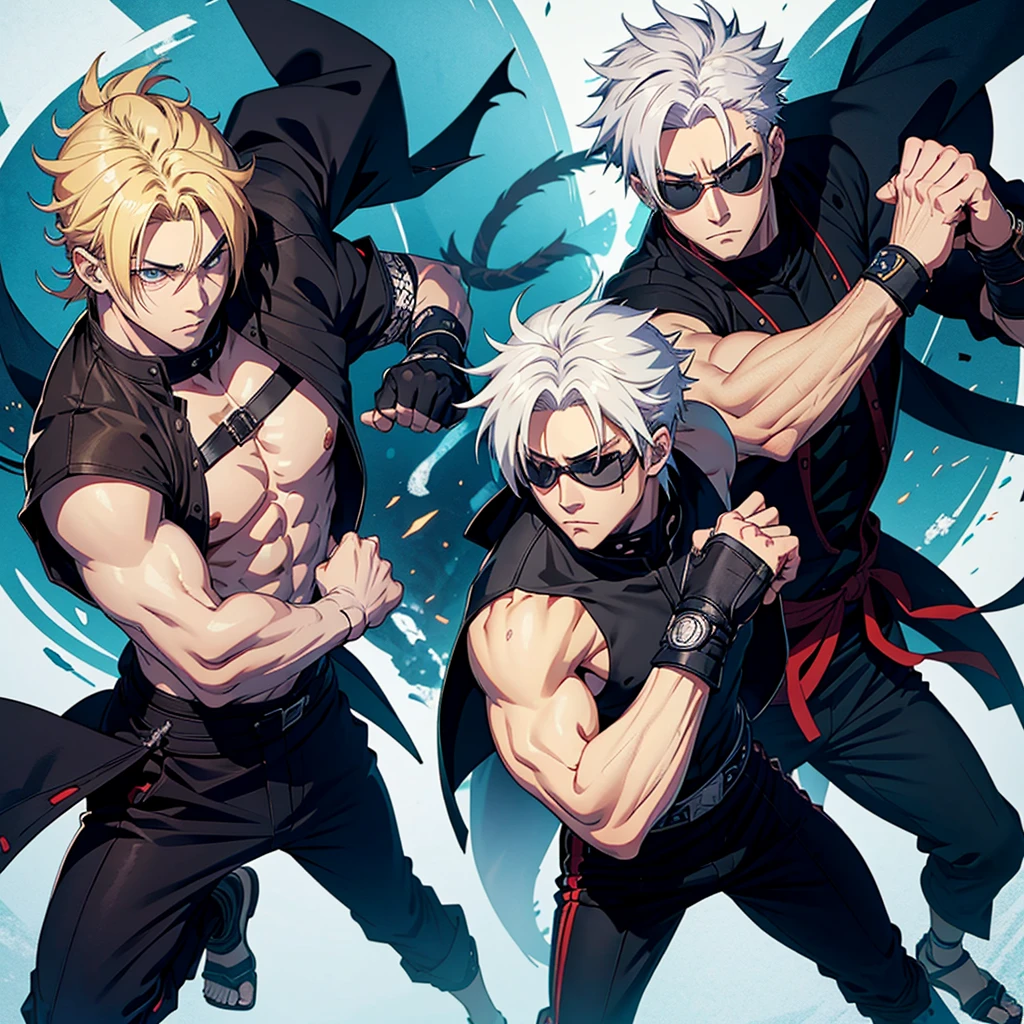 Anime male character with casual but Alavés ninja clothes, blonde hair, sunglasses and his fists have bandages that is flanked by an anime male character with white hair, samurai and Alavés ninja clothes and with a ninja mask 