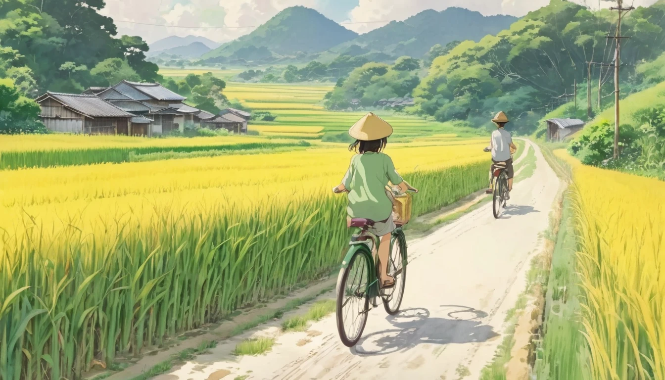 Beautiful illustrations, Endless rice fields, Half yellow、Half Green, Boy Riding a Bicycle, Girl sitting in the back seat，Style: Barnet, Includes 50d movie stills, Rural Scenery, countryside, panoramic,、Real、Paintings by Makoto Shinkai