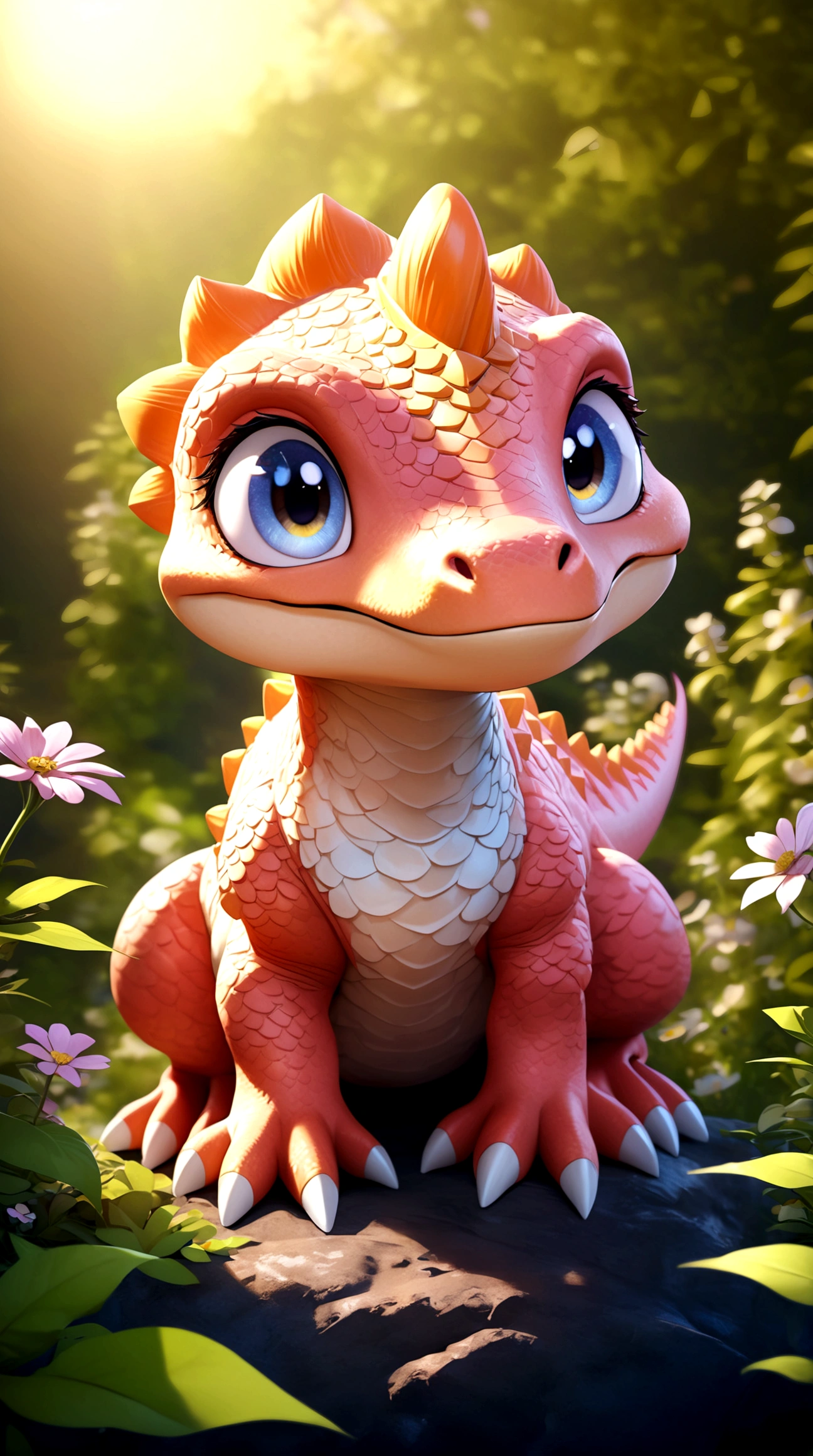 Pink dinosaur, silky smooth dinosaur skin, pink scales, large and bright eyes, gentle gaze, grassy background, sunny day, surrounded by small flowers, dinosaur smiling, dreamlike setting, rich in details, high resolution