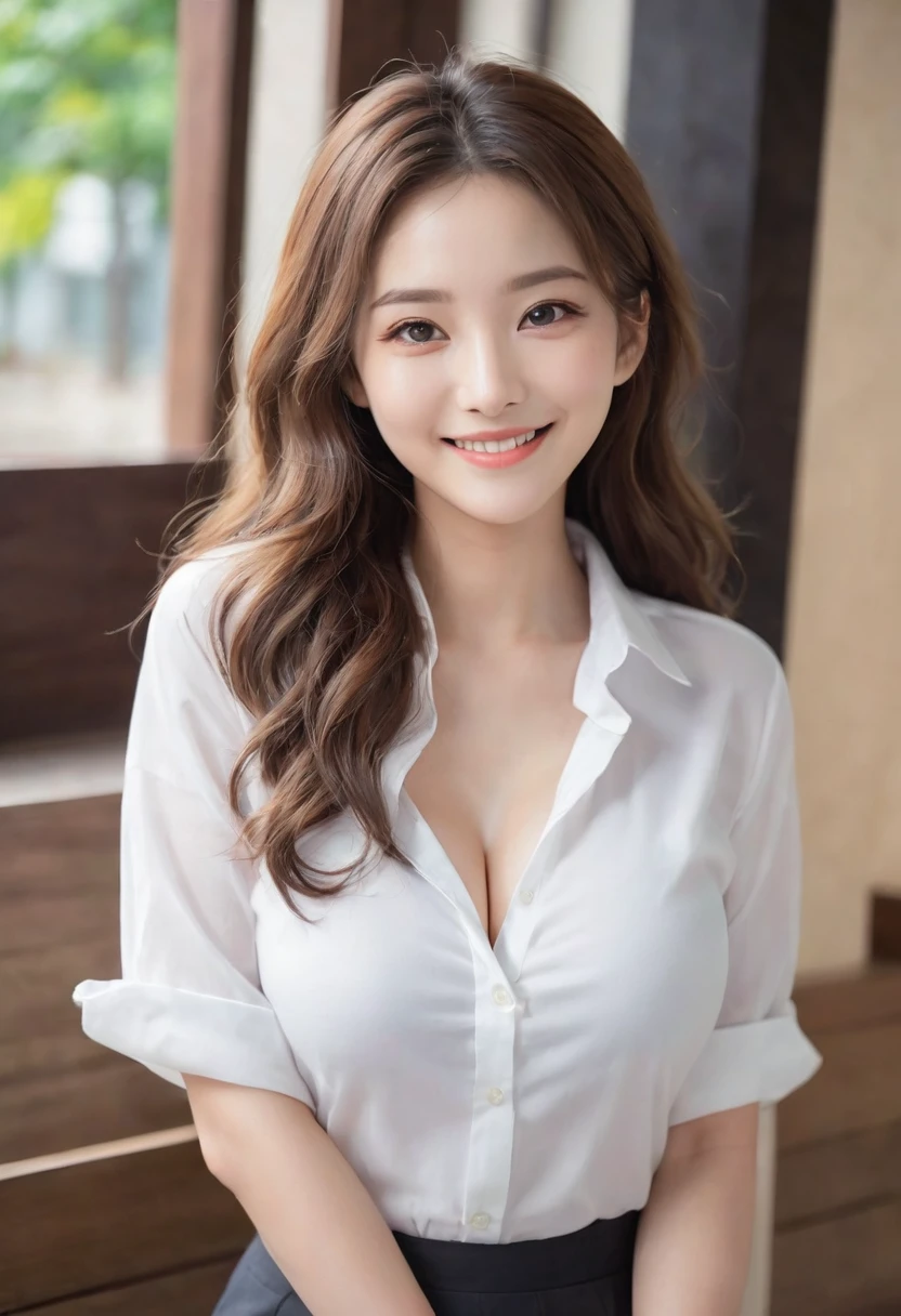 (((32k image quality))), (((RAW Photos))), (Highest quality, detailed:1.2), Photorealistic, (非常に繊細でdetailed), (((((Ultra-high resolution))))), (((Big Breasts))), (((Age 25, Sexy Gal, Taiwanese woman))), (((Tight waist))), One person, Elegant, Beautiful woman, Outstanding image quality, 非常にdetailedな顔, Perfect lighting, White skin, Curly Hair, A relaxed and fluffy atmosphere, 、(Breast Swelling 1.2) ,upper body, Street Snap, (((Formal shirt))), (((smile)), ponytail,