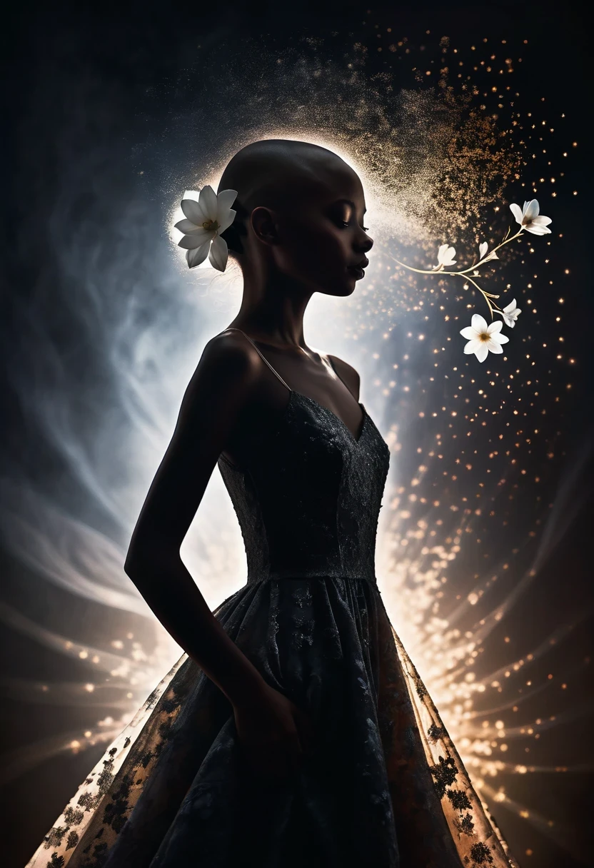 Create a detailed image of a book cover with a silhouette of a bald black 15 year old in shadow, partially visible, with a dress flowing softly around her. Behind the silhouette, represent a bright white flower emitting powerful magic. The background must be completely dark, highlighting the silhouette and magic of the flower. Magic should be visualized as small, glowing, ethereal particles, radiating energy and mystery.
