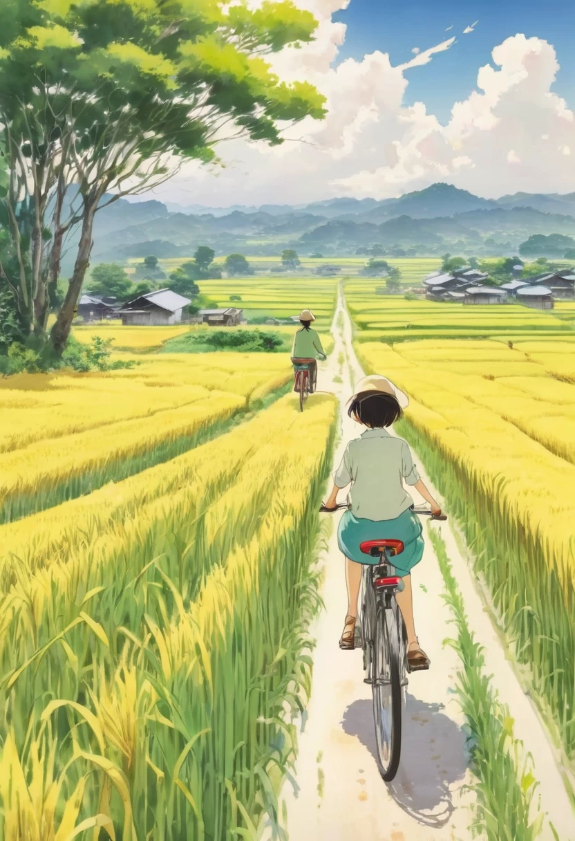 Beautiful illustrations, Endless rice fields, Half yellow、Half Green, Boy Riding a Bicycle, Girl sitting in the back seat,Style: Barnet, Includes 50d movie stills, Rural Scenery, countryside, panoramic,、Real、Paintings by Makoto Shinkai