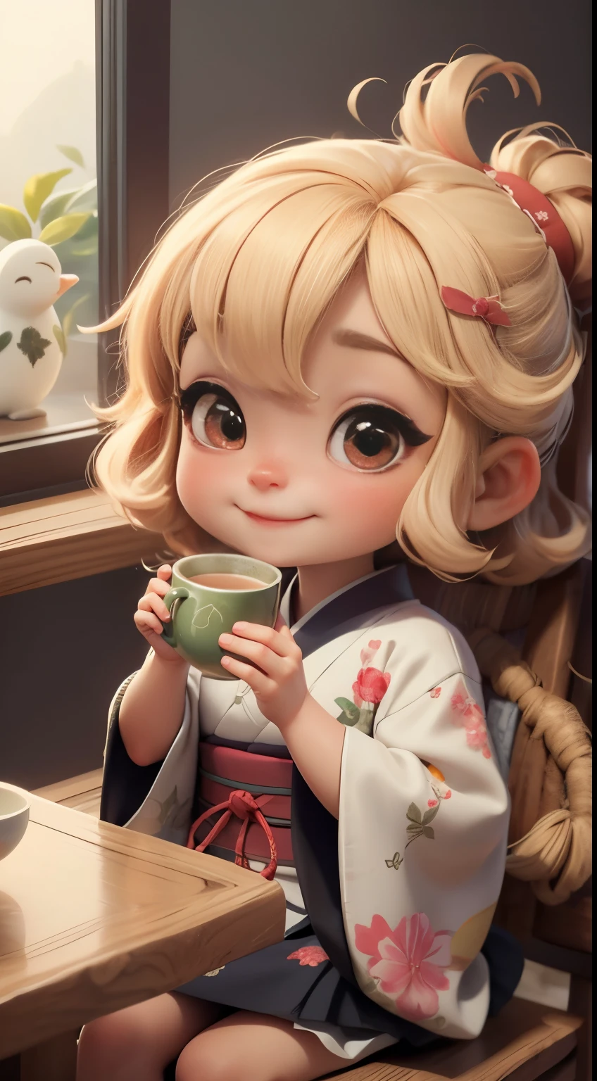 Create a loli baby chibi version of the Alice character in an 8K resolution. A girl with her hair in a bun wearing a maple leaf patterned kimono and a crane hair accessory enjoying matcha tea in a traditional Japanese tea room, It's sunny, Detailed eyes, clear outlines, kawaii pose, A smile, Raise your right hand, Eye Up, Laugh, radiant light, Taken from the side. She should look adorable and cute. Give him a smiling expression and a sweet smile on his face, capturing the essence of the character in a delicate and charming way.