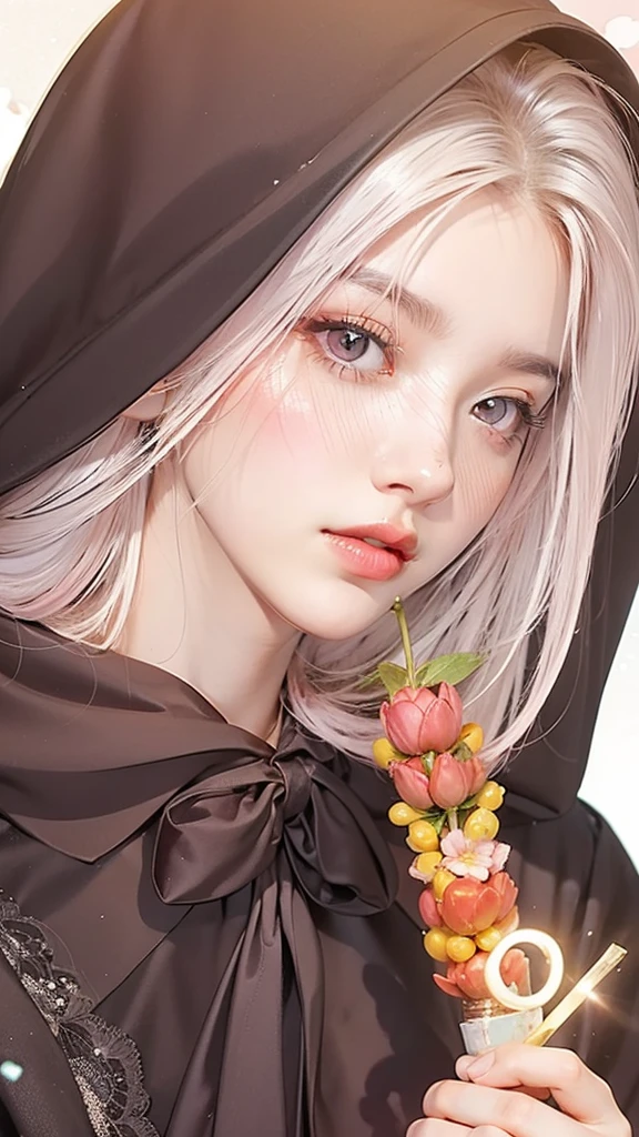 Light pink hair, pink eyes, pink and white, sakura leafs, vivid colors, white dress, paint splash, simple background, ray tracing, wavy hair