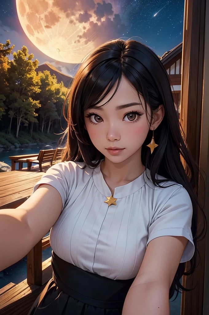 A beautiful young Asian woman and a hummingbird kiss her cheek. ((upper body selfie, be happy)), Masterpiece, best quality, very detailed, floor, outdoor, (nighttime), mountain, nature, (star, moon) cheerful, be happy, forest, rock, river, wood, smoke, shadow, contrast, clear sky, style, (Warm colors, Warm colors): 1.2), close up, Cinema-grade lighting, Side lighting, Ultra high resolution, shadowที่ดีที่สุด, raw, upper body, realistic style